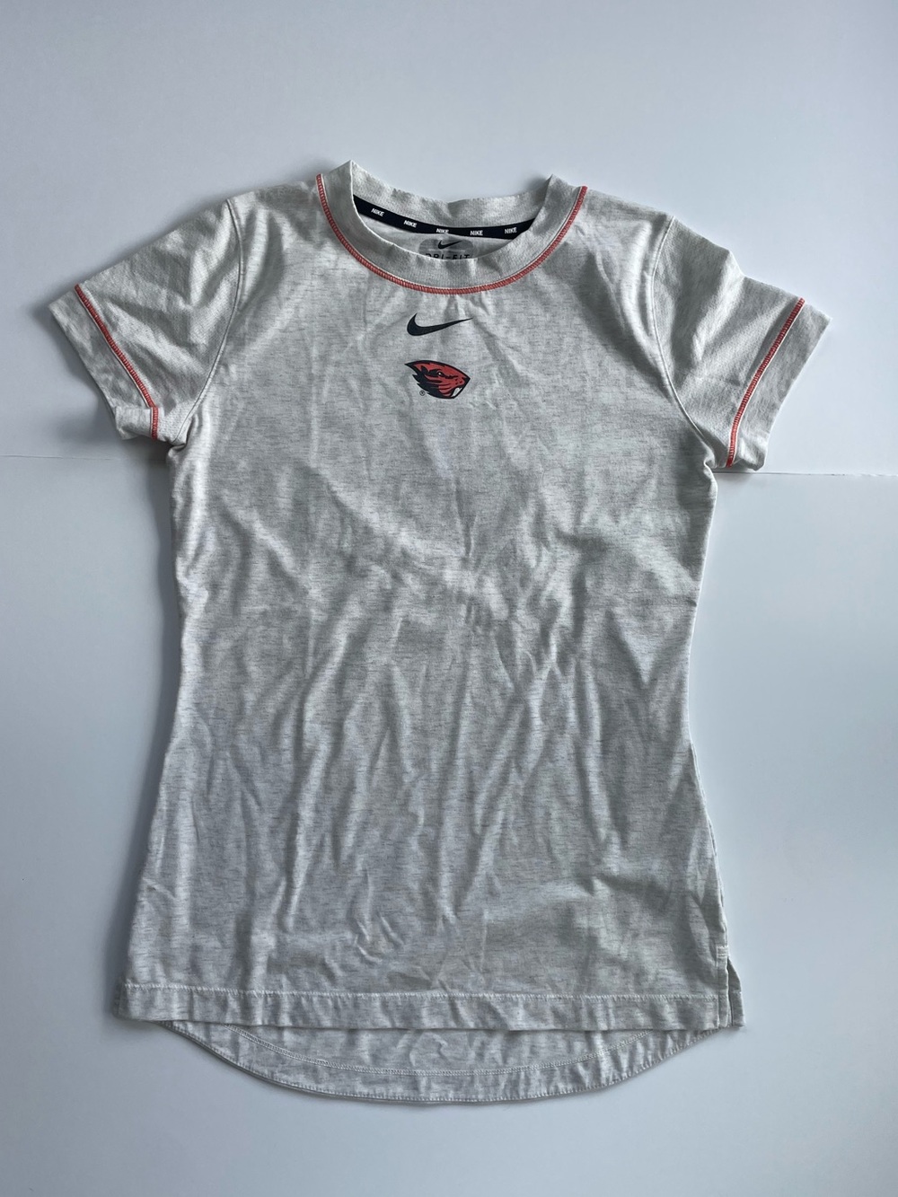 Nike White Short Sleeve Tee with Orange Trim and Beavers Emblem
